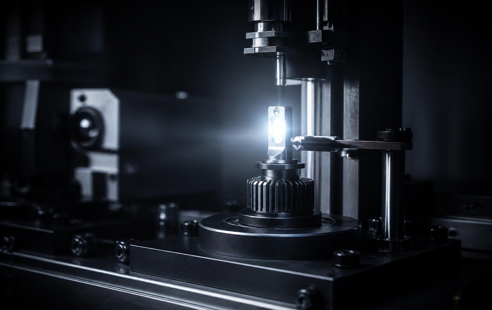 Laboratório de testes ópticos LUXTOR com lâmpada LED em bancada de precisão